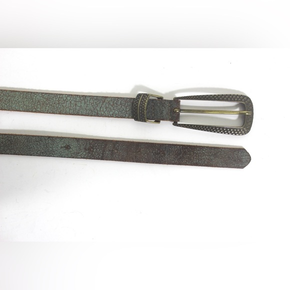 PUNTO FIBBIA Italian Leather Belt Painted Green Crackle Long Brass Buckle Skinny - Picture 7 of 10